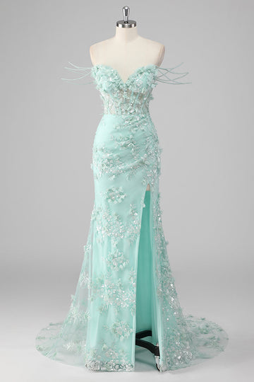 Green Sheath Sweetheart Corset Appliqued Long Formal Dress with Slit